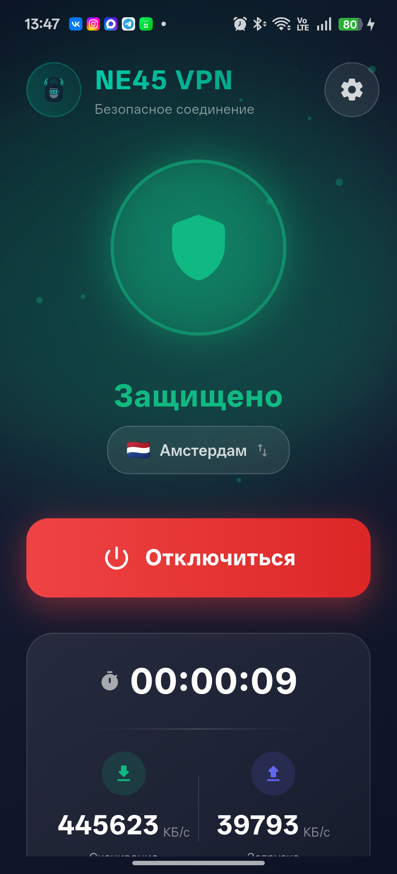 NE45 VPN на Android: подключение к Амстердаму, статус «Защищено», время сеанса и трафик